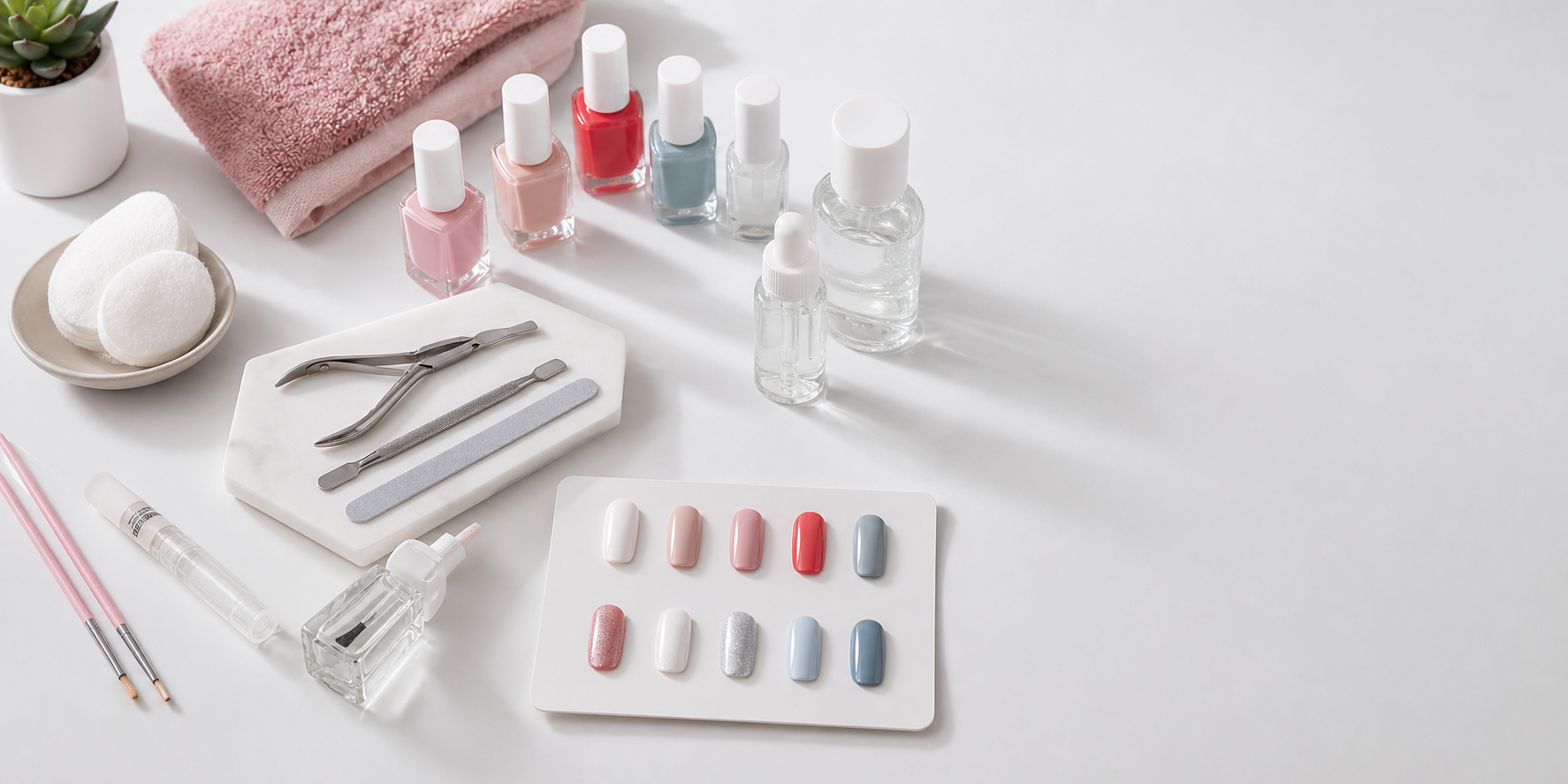 Unlabeled nail care bottles and tools arranged on a clean tabletop