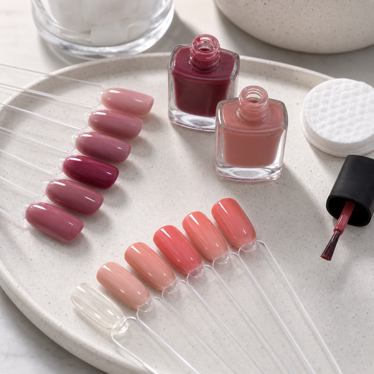 Unlabeled nail polish bottles and color swatch sticks