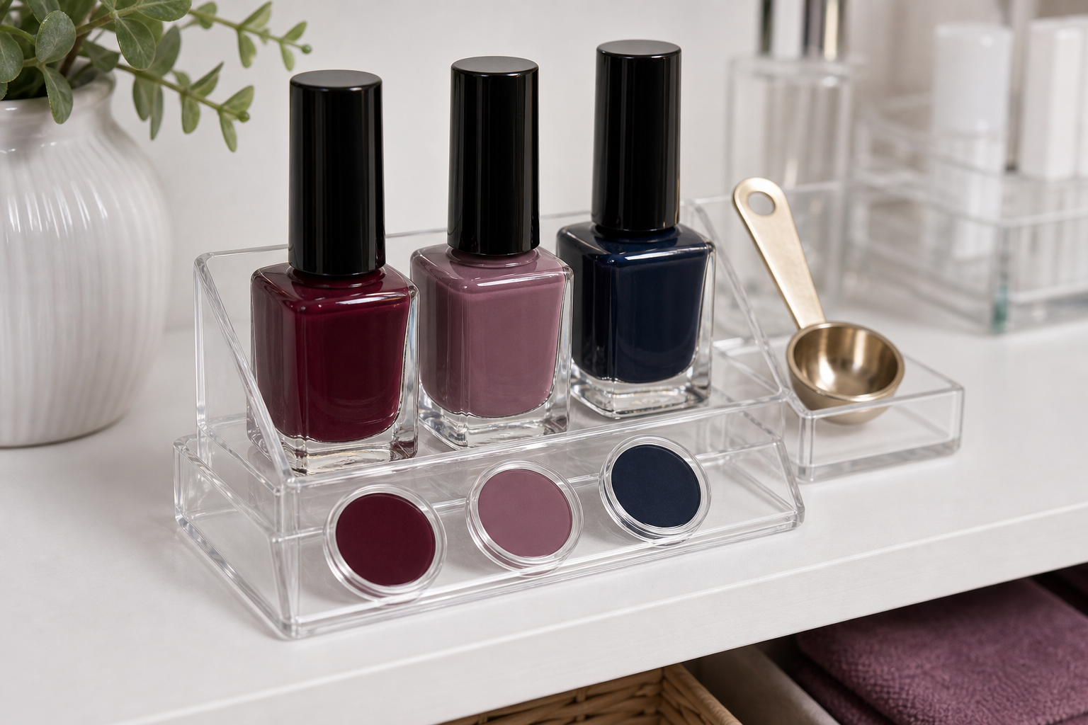 Unlabeled nail polish bottles and blank swatch dots