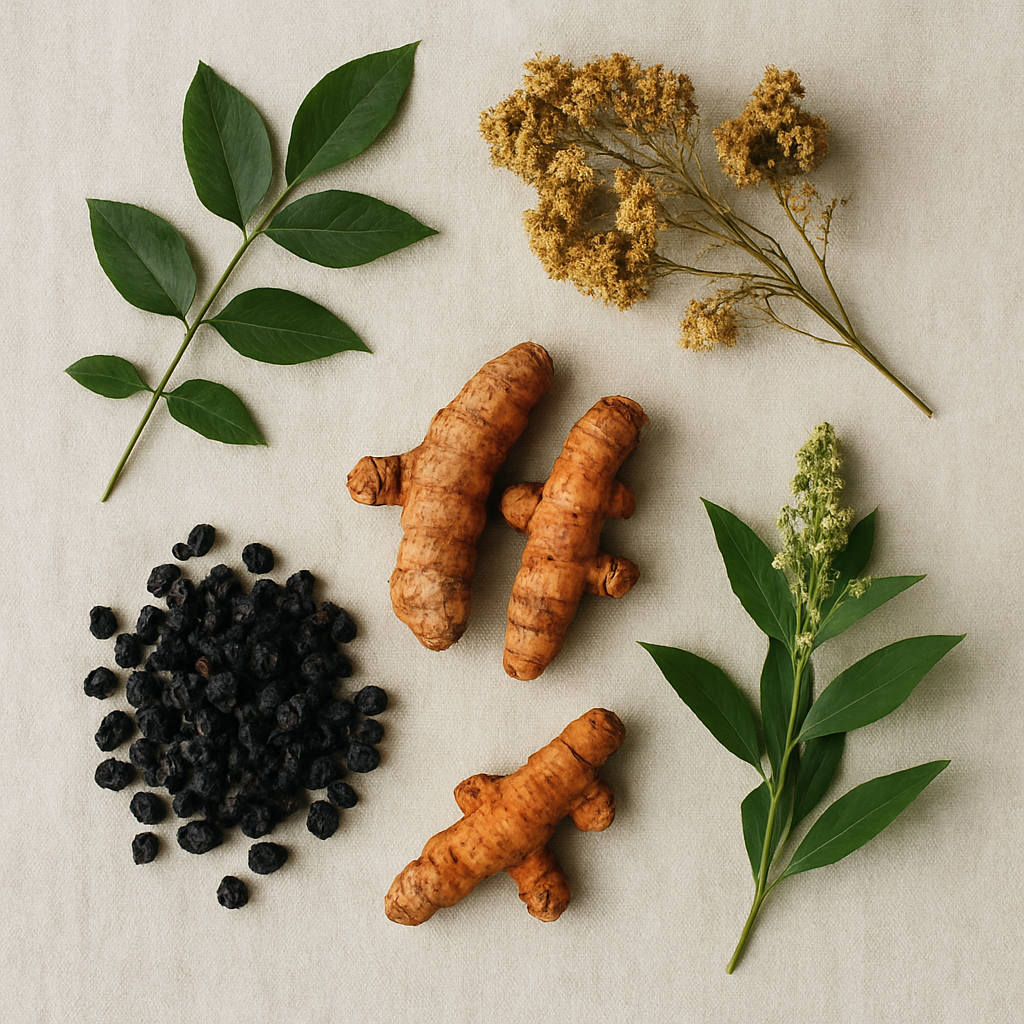 Flat lay of dried and fresh medicinal herbs on linen