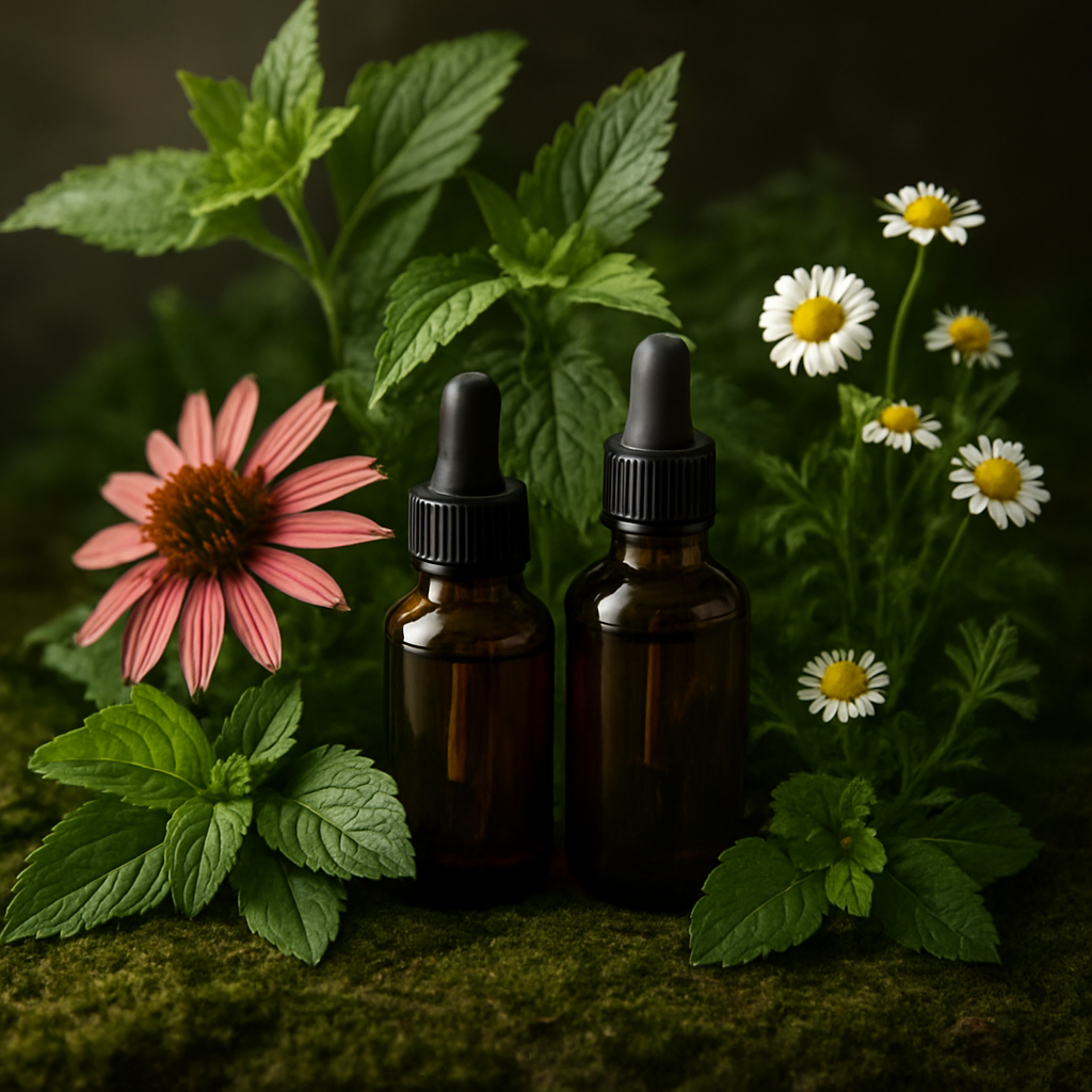 Amber glass tincture bottles among fresh green herbs and flowers
